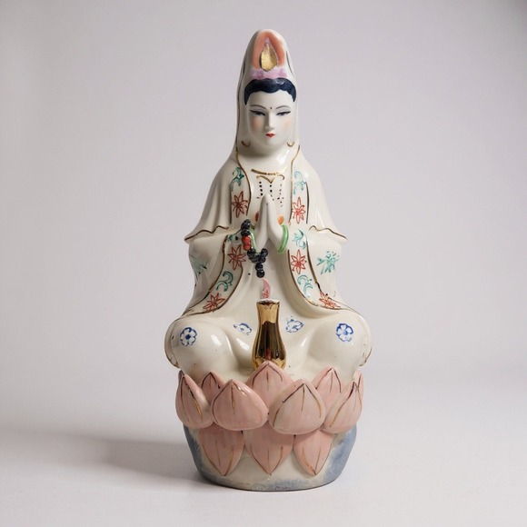 Vintage Kuan Yin Goddess Statue Porcelain Figurine Pink Lotus Flower 11.5" - Picture 1 of 4